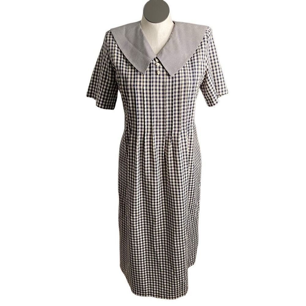 Vtg Miss Dorby Womens Midi Dress 12 Black Gingham Peter Pan Collar School Modest